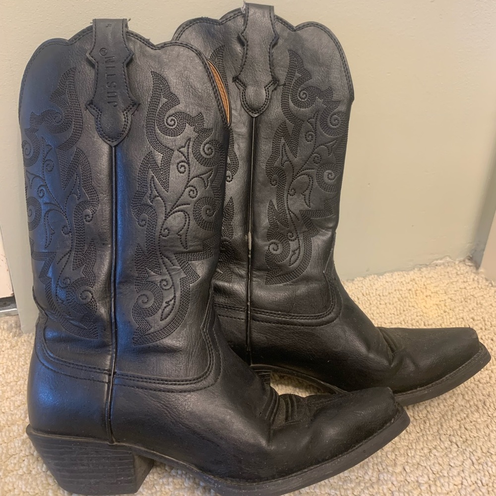Justin Boots Black Leather Western Heeled Cowboy Boots